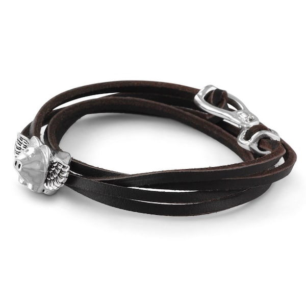 Pulsera de encanto de cerdo volador - plata antigua volando cerdo cuero wrap pulsera