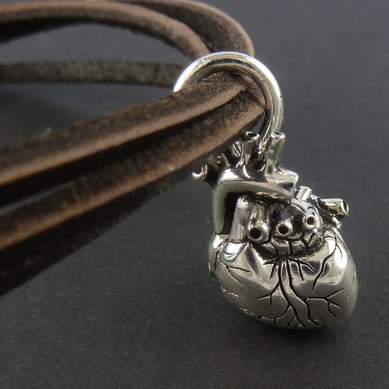 Pu&ograve; includere: Un ciondolo a forma di cuore anatomico argentato su un cordino di cuoio marrone.
