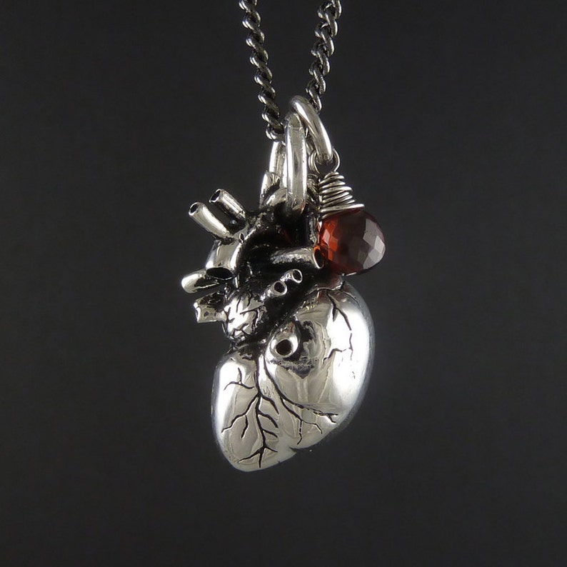 Birthstone Necklace January Birthstone Necklace Antique Silver Anatomical Heart Necklace with Sterling Silver Wire Wrapped Garnet image 3