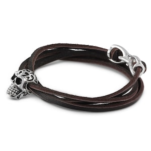 Skull Bracelet - Antique Silver Ornate Skull Leather Wrap Bracelet - Skull Jewelry