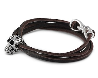 Bracelet crâne - Antique Silver Orné Skull Leather Wrap Bracelet - Bijoux crâne