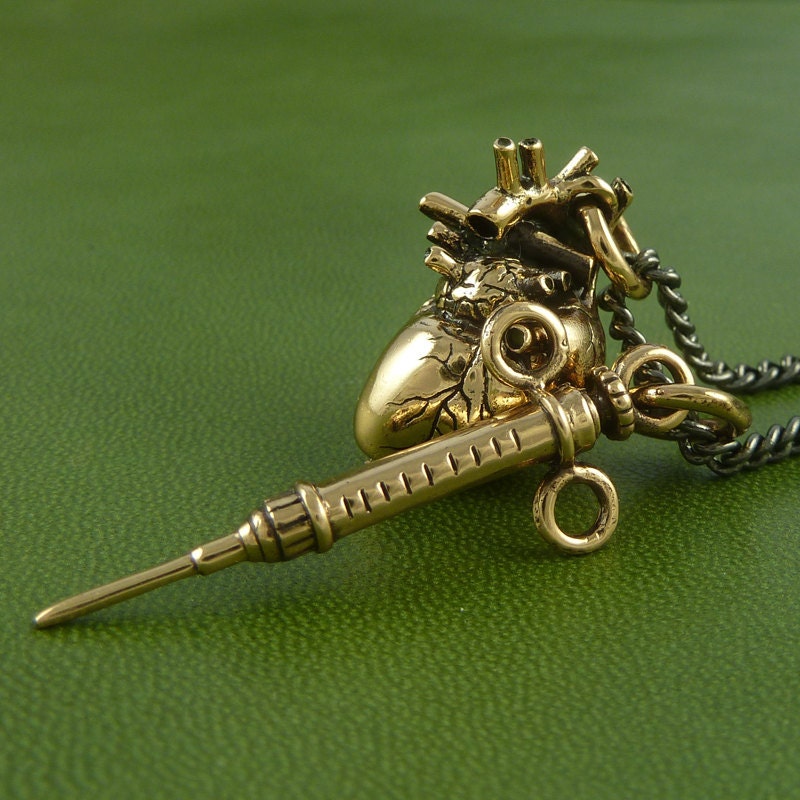 Anatomical Heart and Syringe Necklace - Bronze Heart and