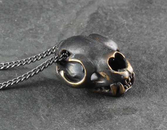Cat Skull Necklace Bronze Black Cat Skull Pendant Etsy New Zealand