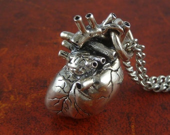 Sterling Silver Heart Necklace - Anatomical Heart Pendant - Sterling Silver Anatomical Heart