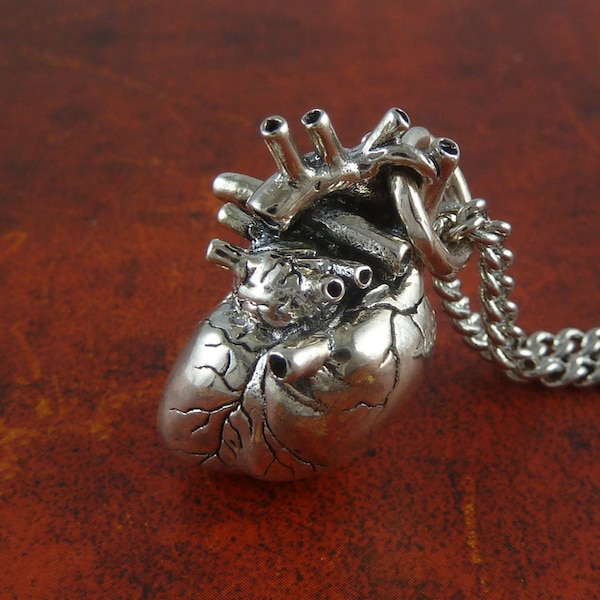 Sterling Silver Heart Necklace - Anatomical Heart Pendant - Sterling Silver Anatomical Heart