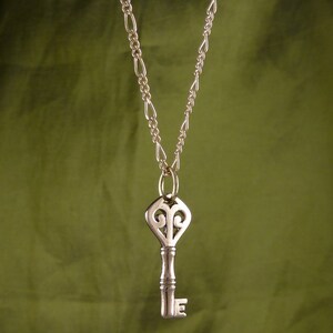 May include: A silver key pendant necklace with a detailed ornate design hangs on a gold chain against a green background.