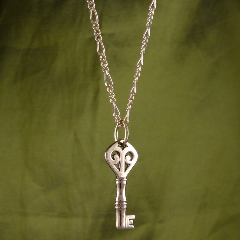 May include: A silver key pendant necklace with a detailed ornate design hangs on a gold chain against a green background.