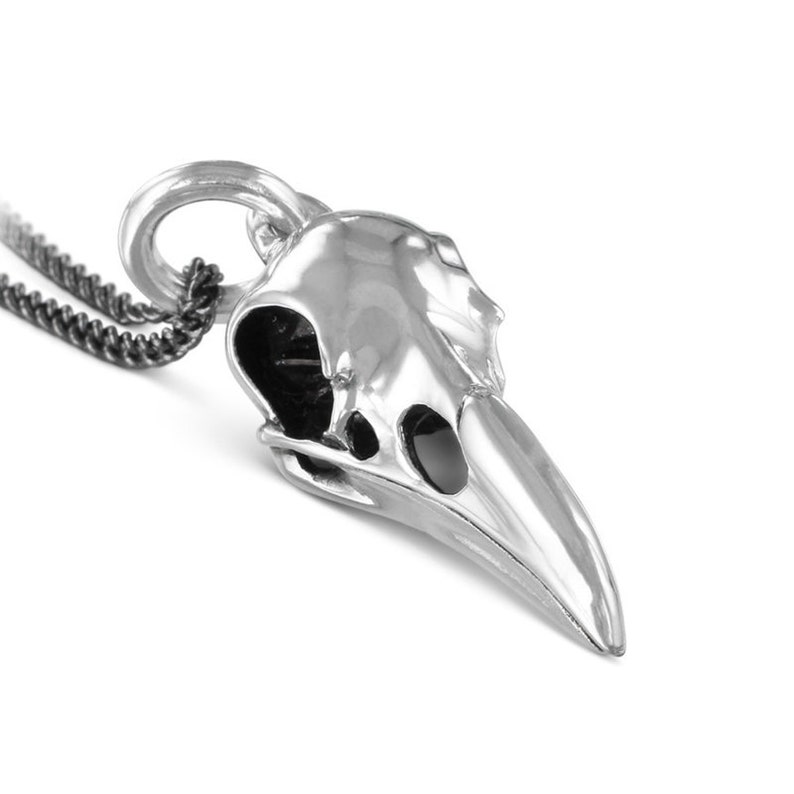 May include: A silver bird skull pendant with black eye sockets, hanging from a black chain.