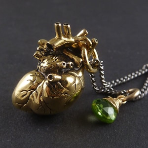 Gold Heart Necklace - 24 Karat Gold Plated Anatomical Heart Pendant with 14 Karat Gold Filled Wire Wrapped Peridot - Peridot Jewelry