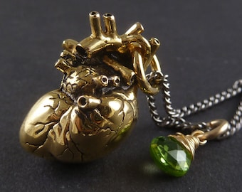 Gold Heart Necklace - 24 Karat Gold Plated Anatomical Heart Pendant with 14 Karat Gold Filled Wire Wrapped Peridot - Peridot Jewelry