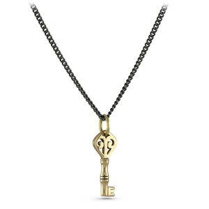 May include: A gold key pendant necklace with an ornate design on the key head. The necklace is on a black chain.