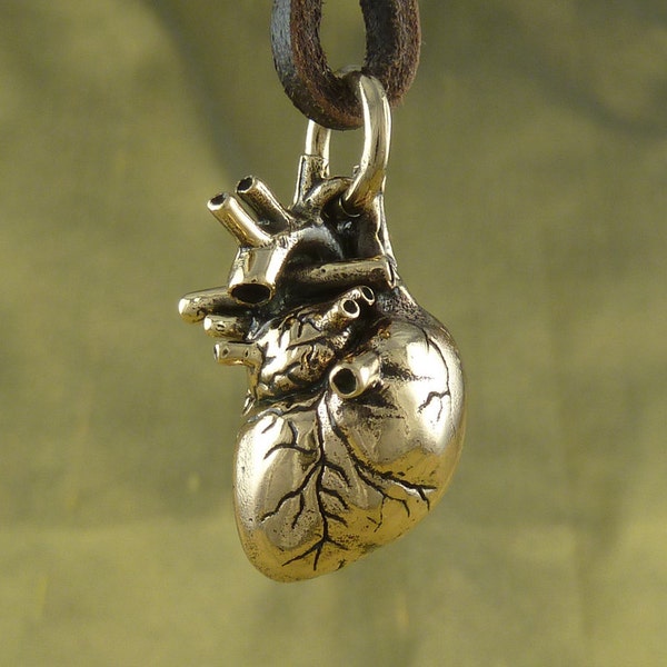 Human Heart Necklace - Bronze Anatomical Heart Pendant on Leather