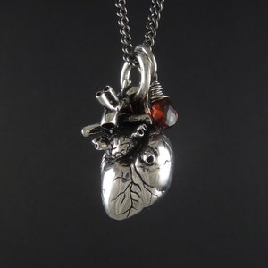 Birthstone Necklace January Birthstone Necklace Antique Silver Anatomical Heart Necklace with Sterling Silver Wire Wrapped Garnet image 2