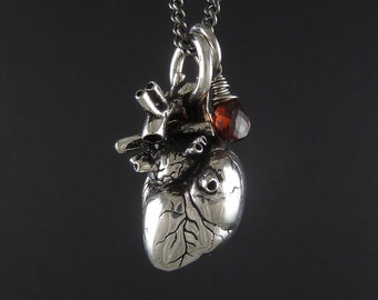 Valentine Necklace - Anatomical Heart Necklace with Sterling Silver Wire Wrapped Garnet - Anatomical Heart Pendant on 24" Gunmetal Chain