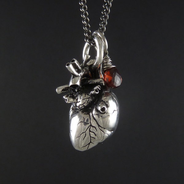 Valentine Necklace - Anatomical Heart Necklace with Sterling Silver Wire Wrapped Garnet - Anatomical Heart Pendant on 24" Gunmetal Chain