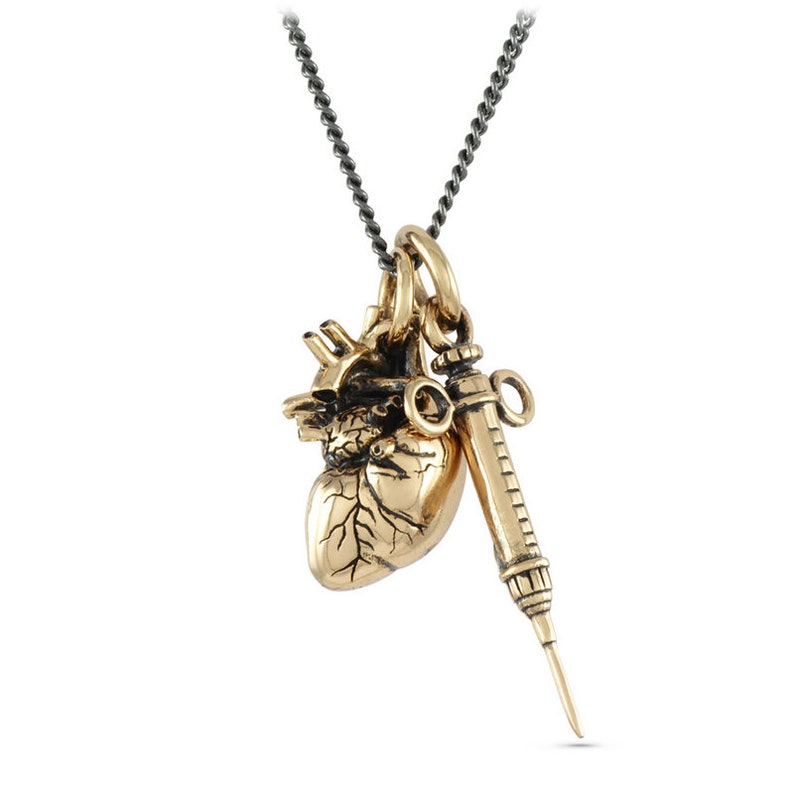 Anatomical Heart and Syringe Necklace Bronze Heart and Syringe Pendant Gothic Necklace image 2