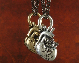 Valentine's Day - Anatomical Heart Necklaces - Small Size -  Antique Silver & Bronze Small Anatomical Heart Pendants on 24" Gunmetal Chain