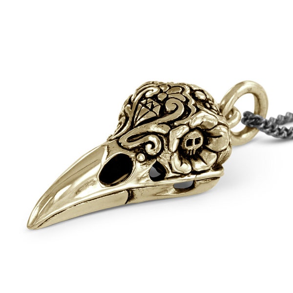 Raven Skull Necklace - Bronze Day of the Dead Raven Skull Pendant - Sugar Skull Bird Necklace