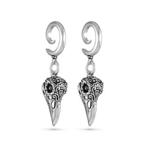 Bird Skull Ear Weights - Antique Silver Raven Skull Gauged Earrings - Bird Skull Gauges