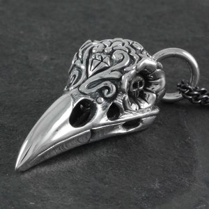 Raven Skull Necklace - Sterling Silver Day of the Dead Raven Skull Pendant - Bird Skull Pendant