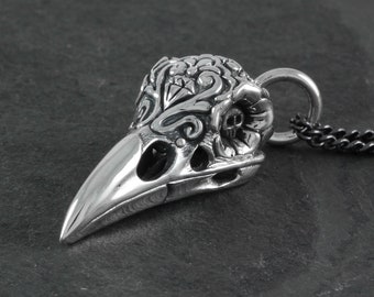 Raven Skull Necklace - Sterling Silver Day of the Dead Raven Skull Pendant - Bird Skull Pendant