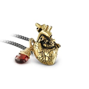 Gold Anatomical Heart & Garnet Necklace - Small Gold Plated Anatomical Heart Pendant with Garnet
