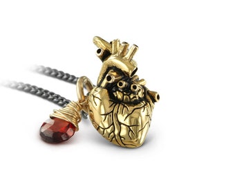 Gold Anatomical Heart & Garnet Necklace - Small Gold Plated Anatomical Heart Pendant with Garnet