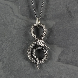 May include: A silver snake pendant necklace with a detailed, textured design. The snake is coiled in a figure of eight shape.