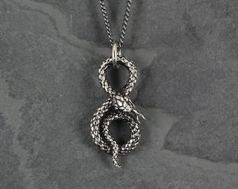Collier serpent - Pendentif serpent enroulé en argent antique - Collier infini