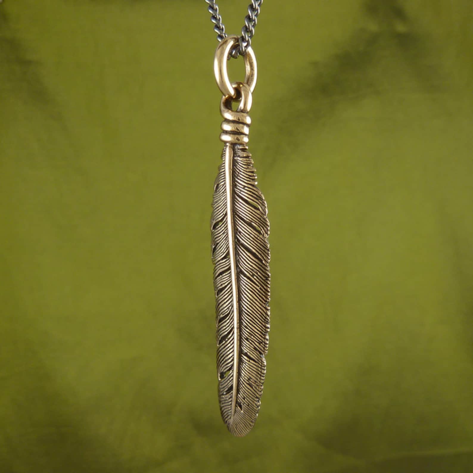 Feather Necklace Bronze Feather Pendant Feather Jewelry Etsy