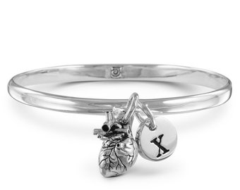 Heart Bangle with Initial Charm - Silver Anatomical Heart Bangle with Letter of Your Choice - Heart Bangle