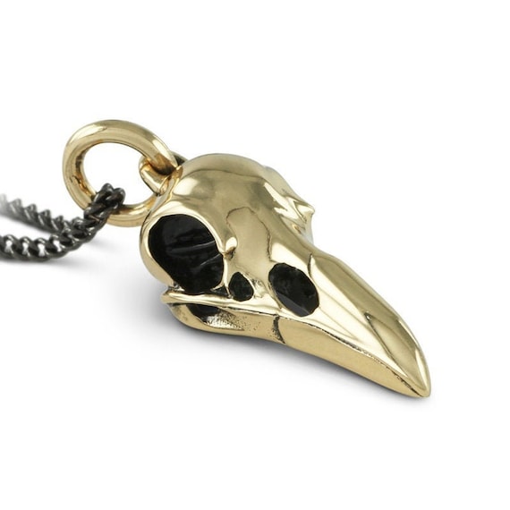 Raven Skull Necklace - Bronze Bird Skull Pendant - Crow Skull