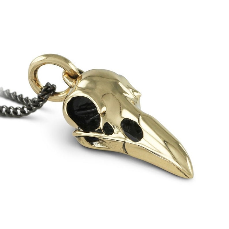 May include: A gold-colored bird skull pendant necklace with a black chain. The skull is detailed with black eye sockets and a long beak.