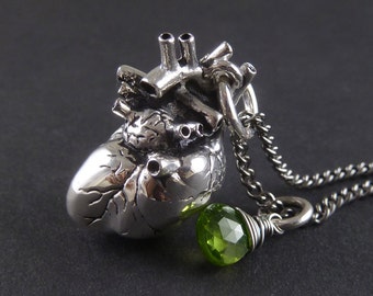 Anatomical Heart Necklace with Sterling Silver Wire Wrapped Peridot - Antique Silver Anatomical Heart Pendant - August Birthstone