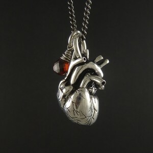 Anatomical Heart and Garnet Necklace Antique Silver Anatomical Heart and Garnet Pendant Anatomical Heart with Wire Wrapped Garnet image 6