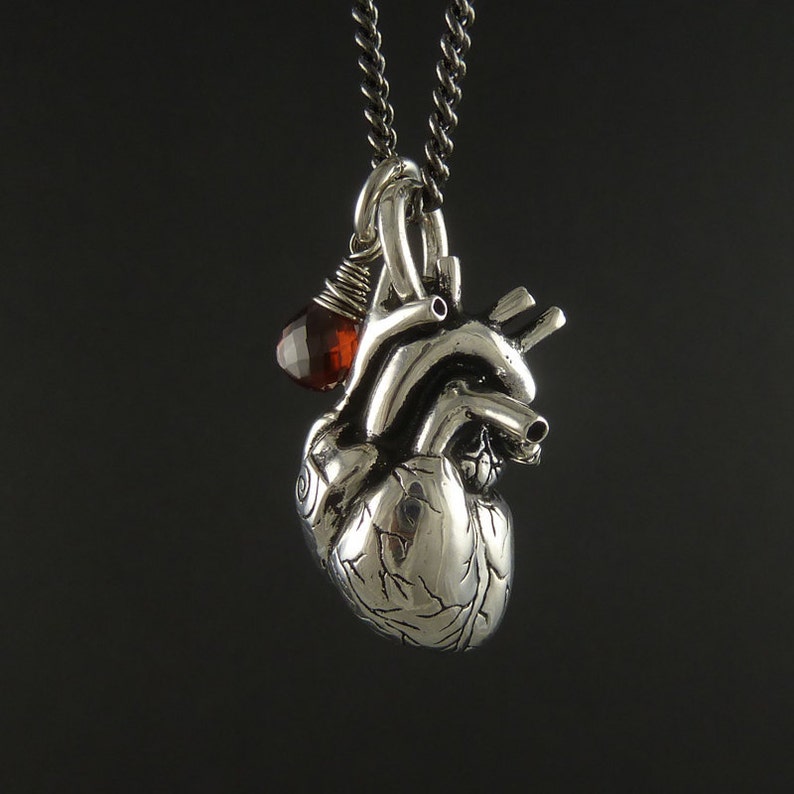 Birthstone Necklace January Birthstone Necklace Antique Silver Anatomical Heart Necklace with Sterling Silver Wire Wrapped Garnet image 4