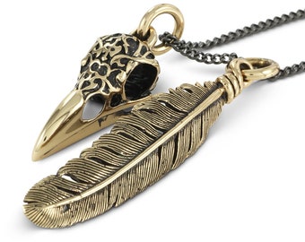 Bird Skull & Feather Necklace - Bronze Feather and Raven Skull Pendant