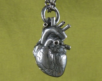 Sterling Silver Black Anatomical Heart Necklace - Oxidized .925 Anatomical Heart Pendant - Black Heart