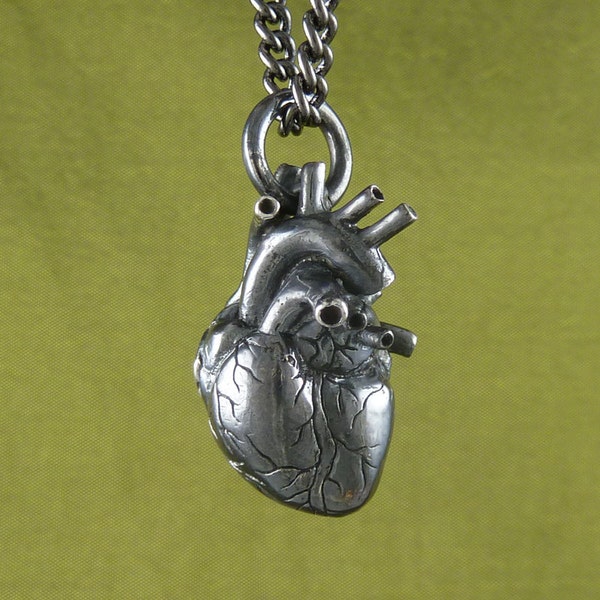Sterling Silver Black Anatomical Heart Necklace - Oxidized .925 Anatomical Heart Pendant - Black Heart
