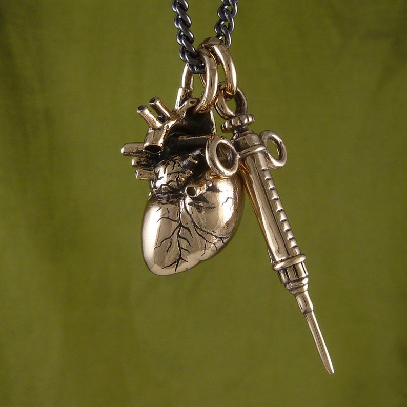 Anatomical Heart and Syringe Necklace Bronze Heart and Syringe Pendant Gothic Necklace image 4