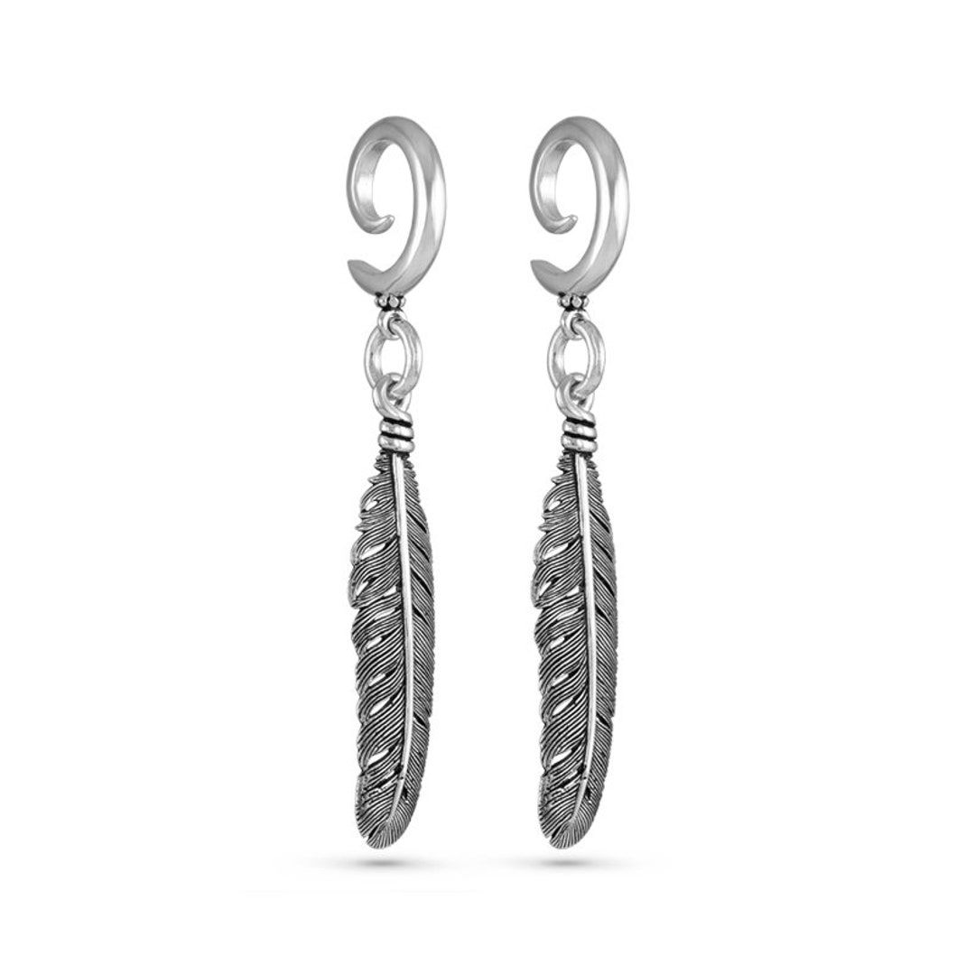 Feather Ear Weights Antique Silver Feather Gauged Earrings Feather
