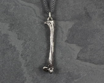 Femur Necklace - Antique Silver Raven Femur Bone Pendant - Anatomy Necklace