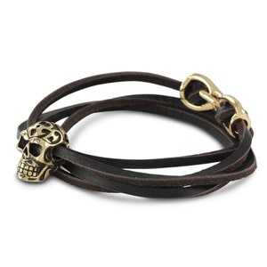 Skull Bracelet - Bronze Skull Leather Wrap Bracelet