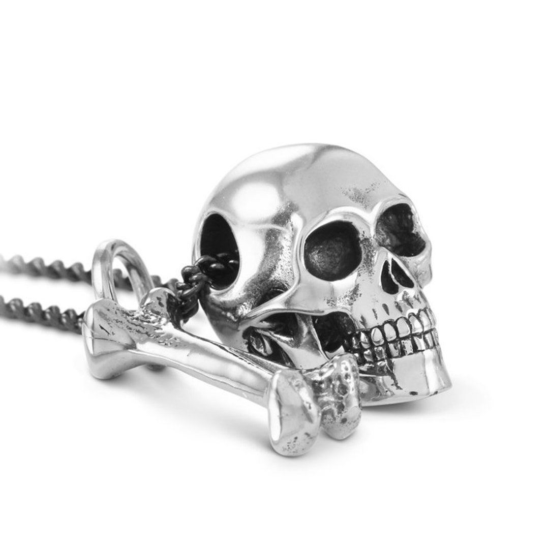 Human Skull & Bone Necklace Antique Silver Skull and Bone - Etsy
