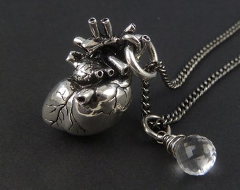 Anatomical Heart Necklace with Sterling Silver Wire Wrapped Quartz - Antique Silver Anatomical Heart Pendant - Heart & Birthstone