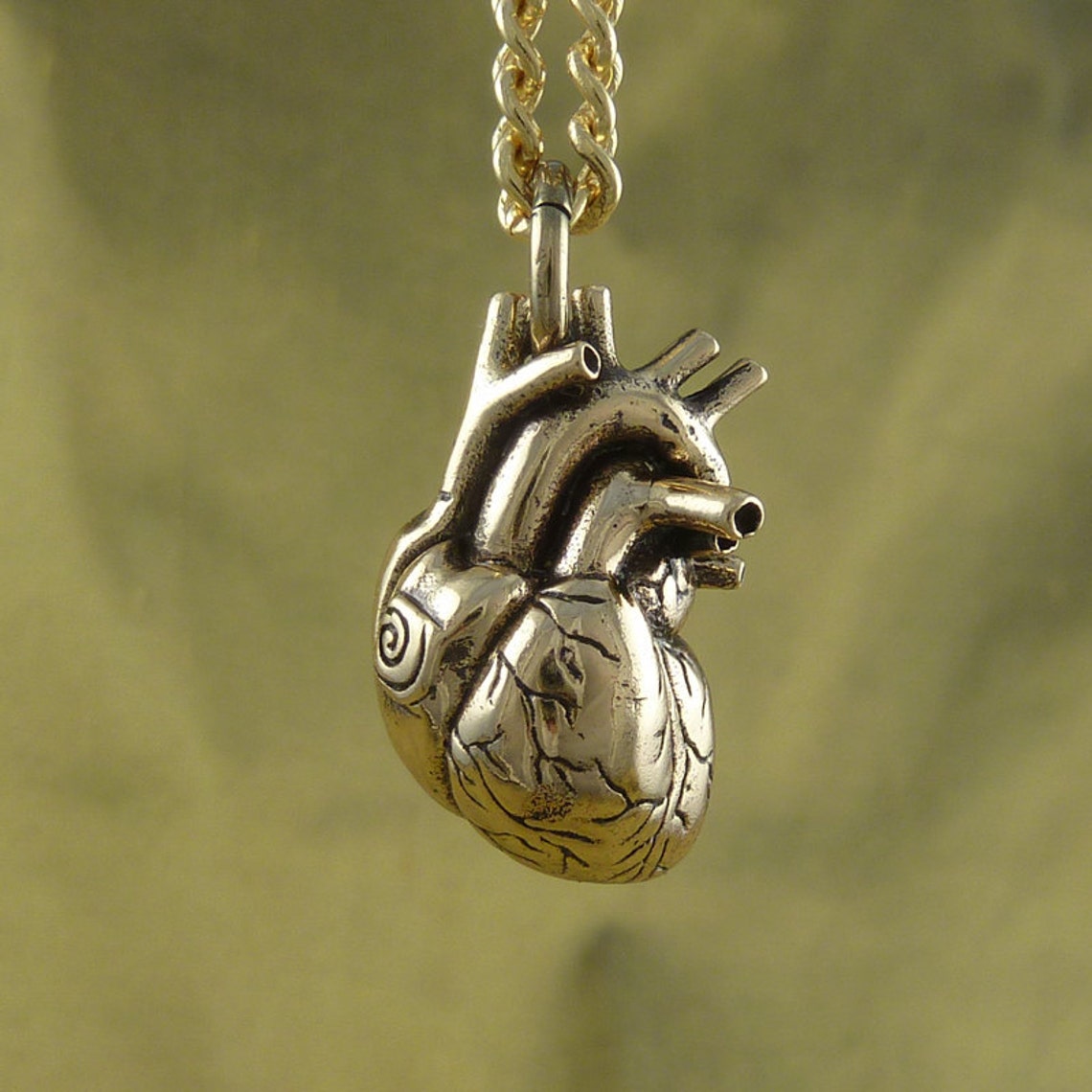 Anatomical Heart Necklace Bronze Anatomical Heart Pendant Etsy