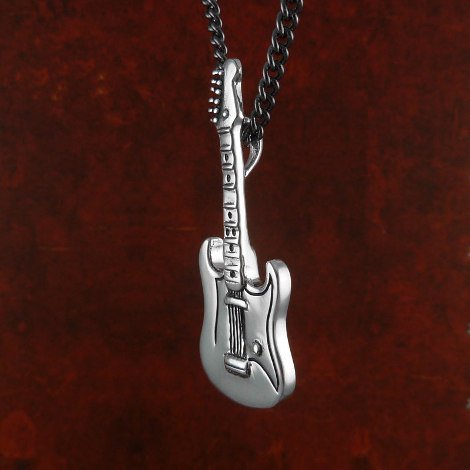 Guitar Necklace Antique Silver Electric Guitar Pendant Etsy