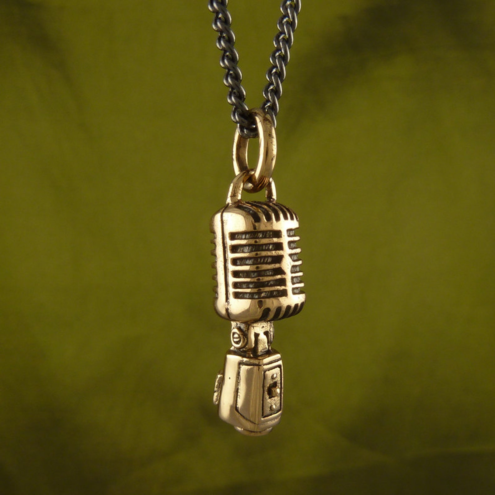 Microphone Necklace Bronze Microphone Pendant Music Etsy