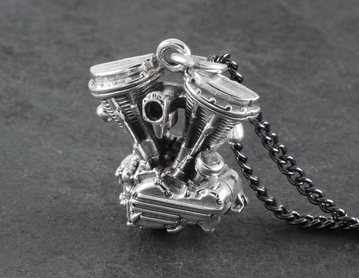V Twin Motorcycle Engine Necklace - Sterling Silver Harley Engine 