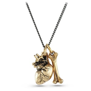May include: A gold necklace with a detailed anatomical heart and bone charm. The chain is black and silver.